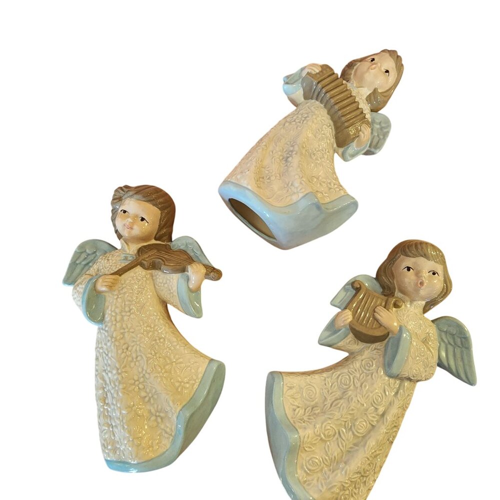 3 Vintage Ceramic Angels Playing Musical Instruments Christmas Figurines